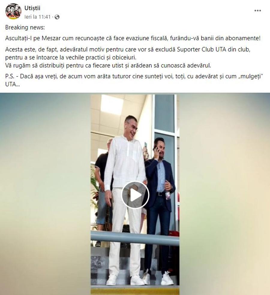 Postarea de pe grupul suporterilor „La sfârșitul zilei, duc banii în bancă” » Suporterii îl acuză de evaziune fiscală pe conducătorul clubului din Superligă: „Ascultați-l cum recunoaște!”