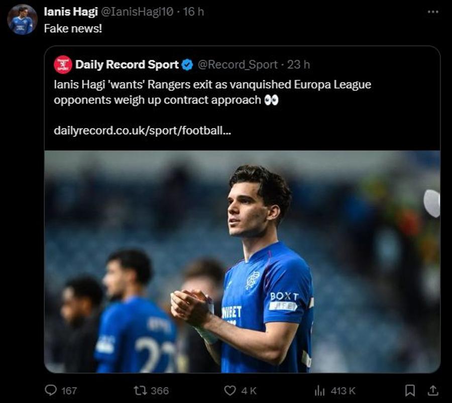 Postarea lui Ianis a fost văzută de peste 400.000 de utilizatori X Ianis Hagi i-a pus la punct pe scoțieni: „Fake news!”
