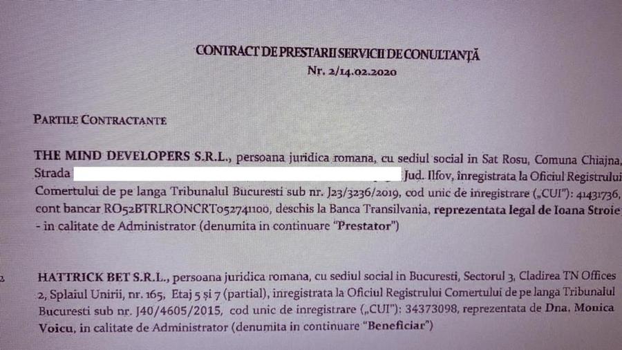 Prima filă din contractul de consultanță cu firma iubitei lui Stătescu, actuala soție Conflict de interese în Liga 1: directorul juridic al LPF, contract de consultanță prin firma iubitei cu Casa Pariurilor, sponsorul campionatului