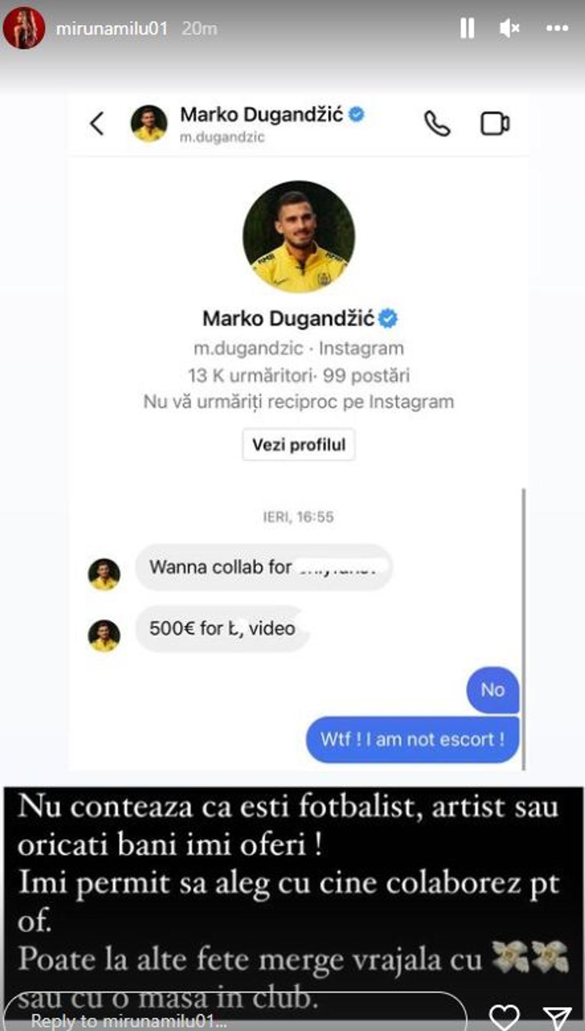 Modelul erotic care l-a acuzat pe Dugandzic face noi precizări: „E actor de filme porno sau fotbalist?”