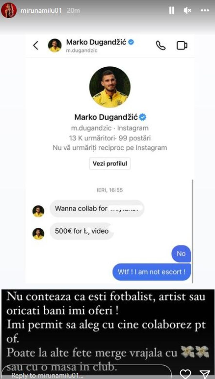 Miruna Milu // foto: Instagram @ EmaKarter Imagine șocantă publicată de un model erotic cu o vedetă de la CFR Cluj: „Sex oral pentru 500€?” » Prima reacție a fotbalistului