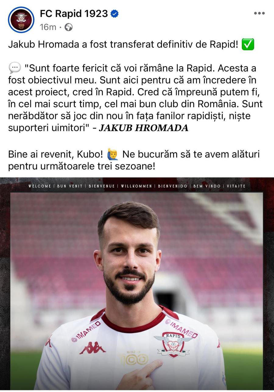 Rapid a anunțat azi un transfer definitiv, apoi a șters postarea