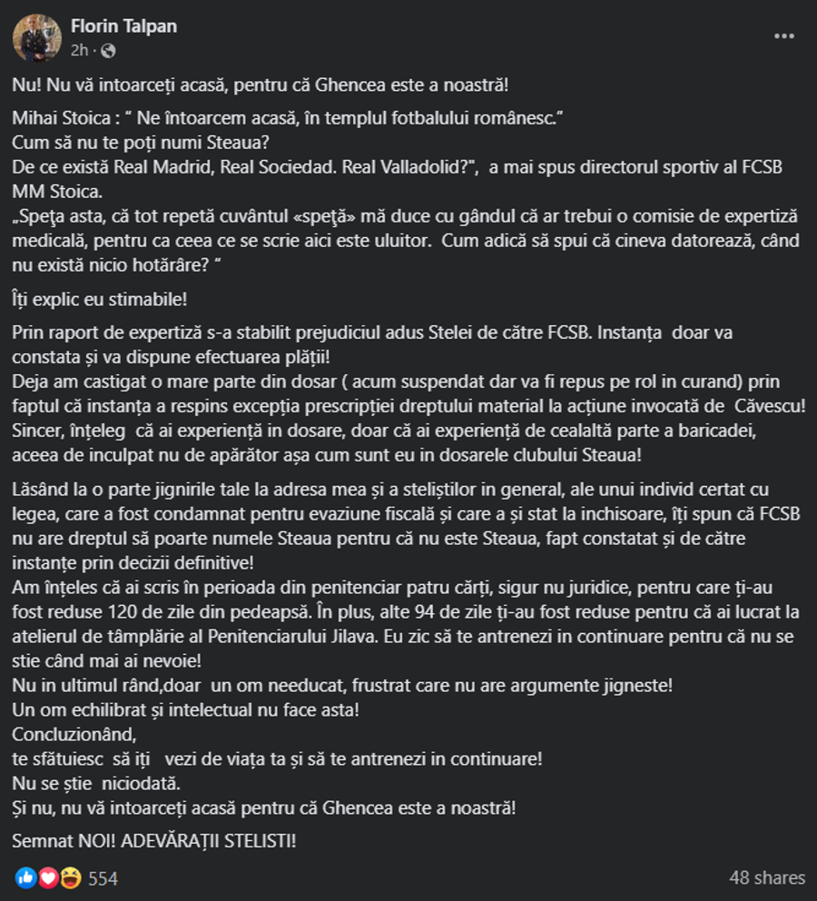 Talpan, răspuns dur pentru MM Stoica: „Am înțeles că ai scris la atelierul de tâmplărie al Penitenciarului Jilava. Să te antrenezi în continuare”