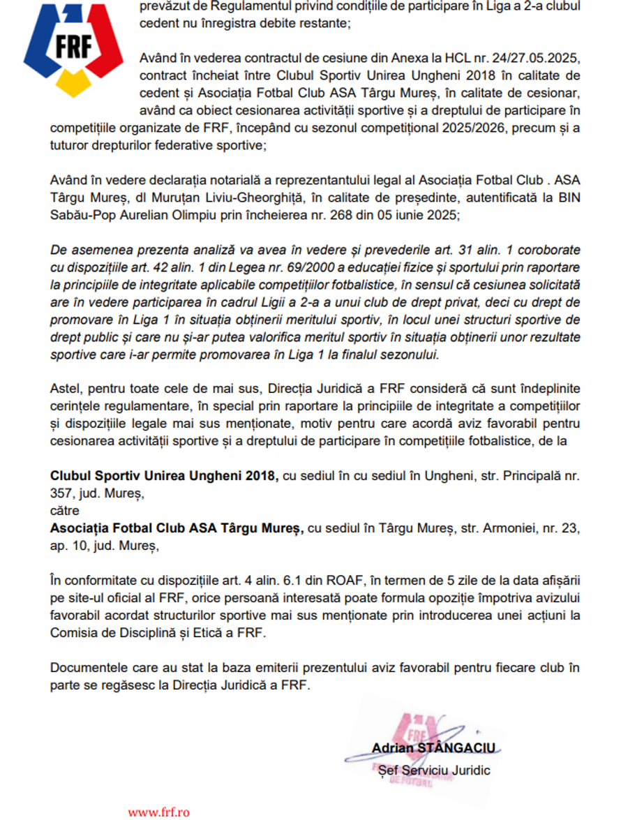 Pagina 2/2 din avizul emis de Direcția Juridică FRF Au deschis șampaniile? FRF, aviz favorabil: încă un hop și sar două eșaloane, direct în Liga 2!