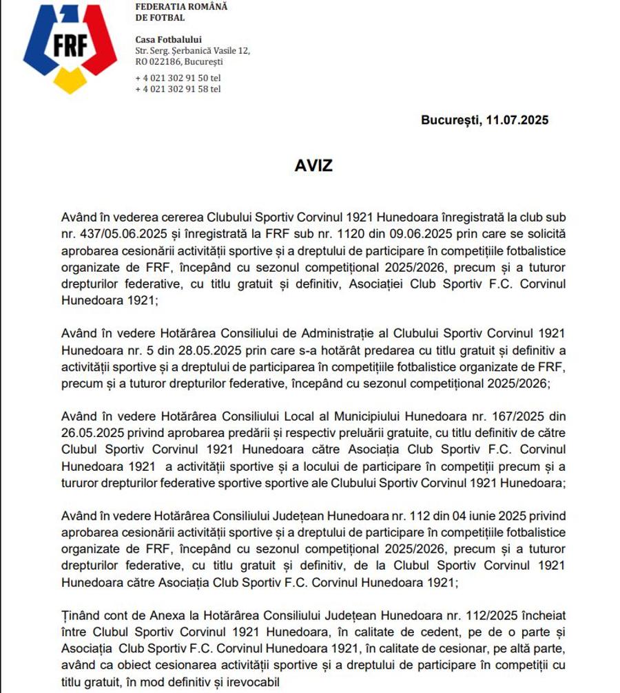 Avizul de promovare primit de Corvinul // foto: FRF Veste excelentă pentru clubul din Liga 2! » Dreptul de promovare în Superliga e tot mai aproape