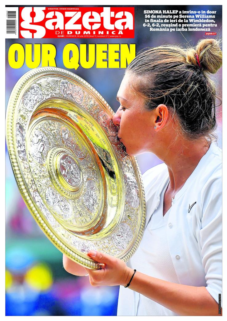 14 iulie 2019. Regina noastră » Halep a făcut un nou turneu colosal și a învins-o în finală, în doar 56 de minute, pe Serena Williams, 6-2, 6-2, reușind o premieră pe iarba londoneză.