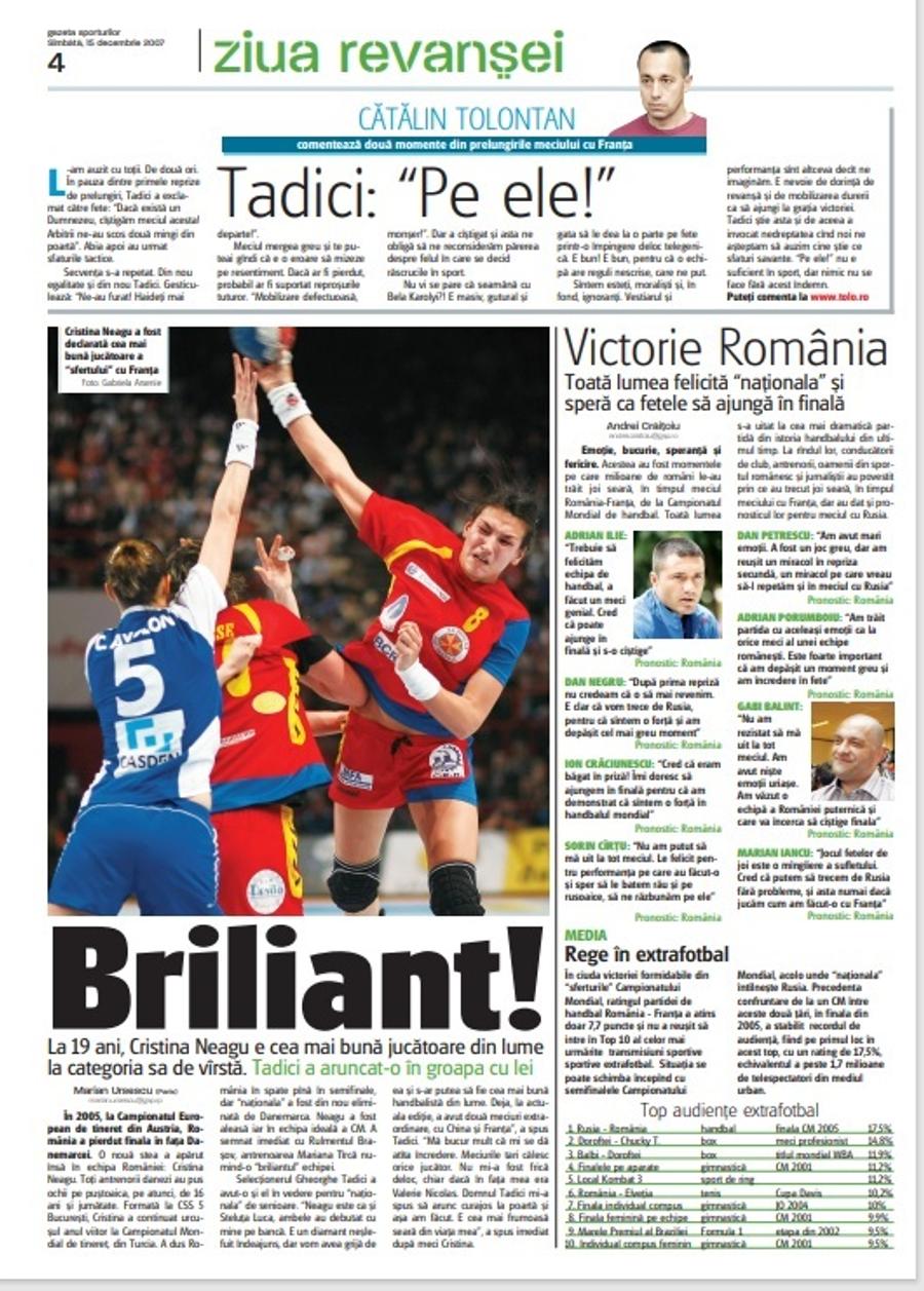 Articolul din 2007 din Gazeta Sporturilor Ce scria Gazeta Sporturilor în 2007, la debutul Cristinei Neagu în echipa națională