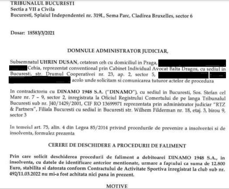 Facsimil din cererea lui Dusan Uhrin pentru deschiderea procedurii de faliment a lui Dinamo Cum justifică Dusan Uhrin cererea falimentului lui Dinamo » Ce l-a supărat pe antrenor