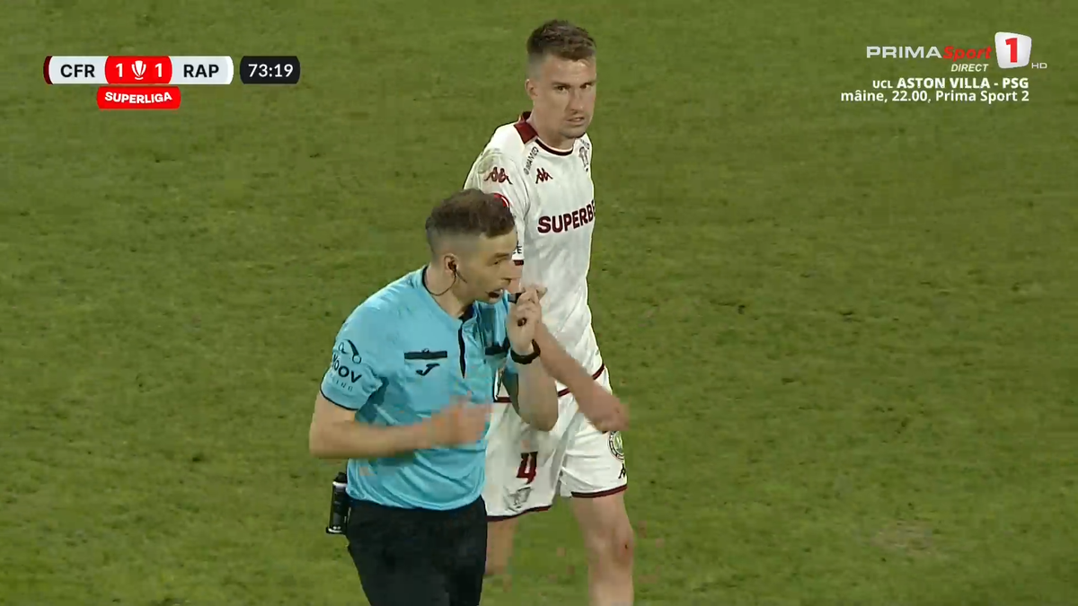 Fază controversată în CFR Cluj - Rapid » Arbitrul l-a eliminat pentru simulare în minutul 70, dar a schimbat decizia după VAR! Verdictul specialistului