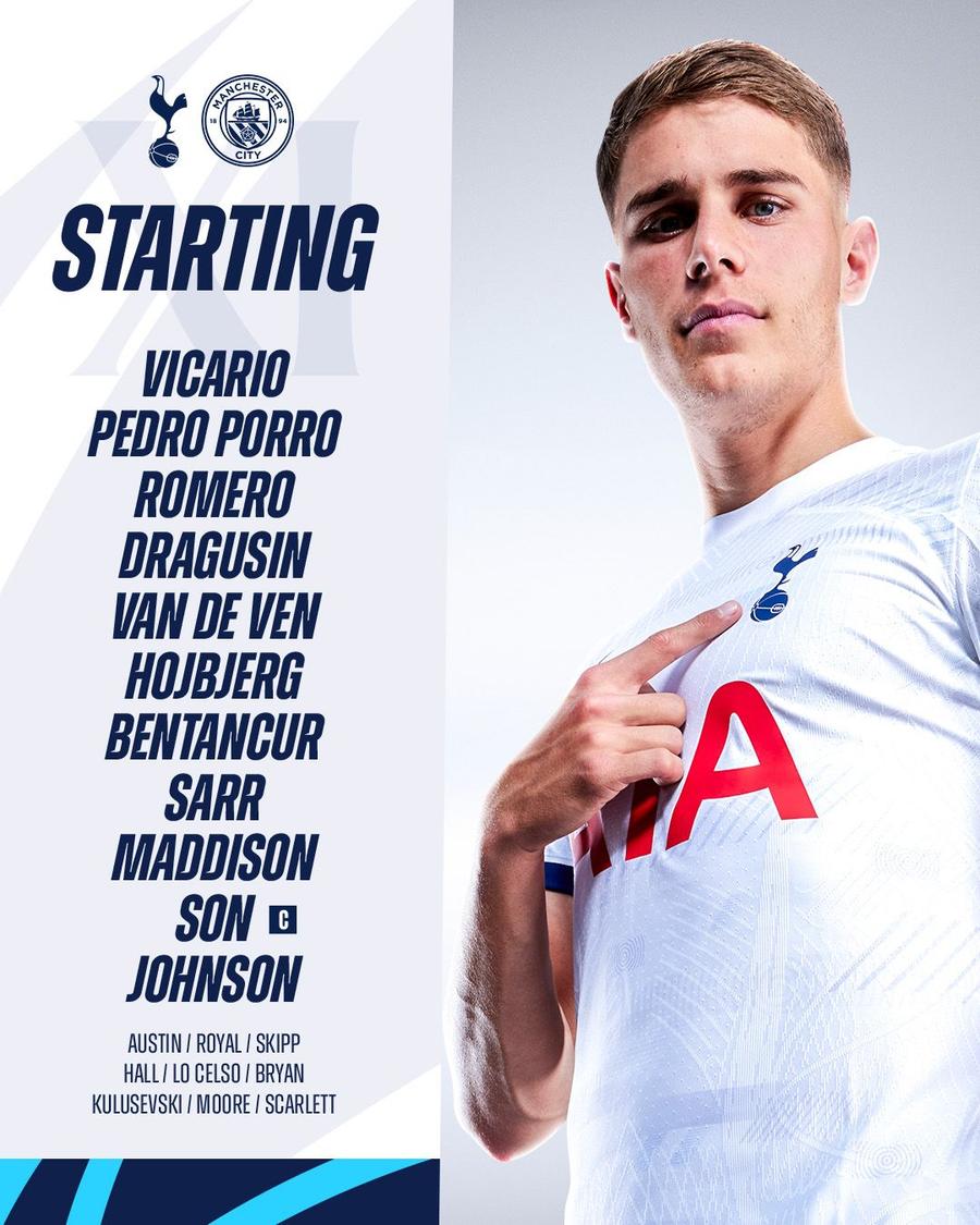 Echipa de start a lui Tottenham, foto: X Tottenham - Manchester City 0-2 » Guardiola are o mână pe trofeu! Ortega și Haaland netezesc marșul spre titlu, într-o seară pozitivă pentru Radu Drăgușin