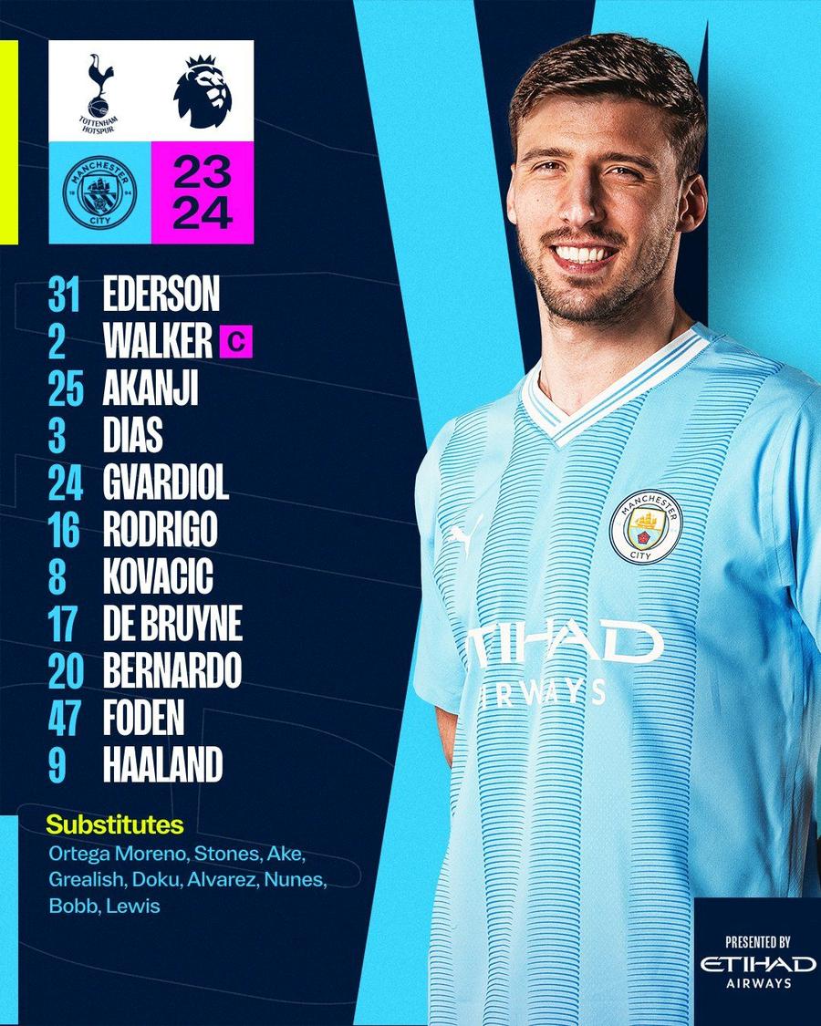 Echipa de start a lui Manchester City, foto: X Tottenham - Manchester City 0-2 » Guardiola are o mână pe trofeu! Ortega și Haaland netezesc marșul spre titlu, într-o seară pozitivă pentru Radu Drăgușin