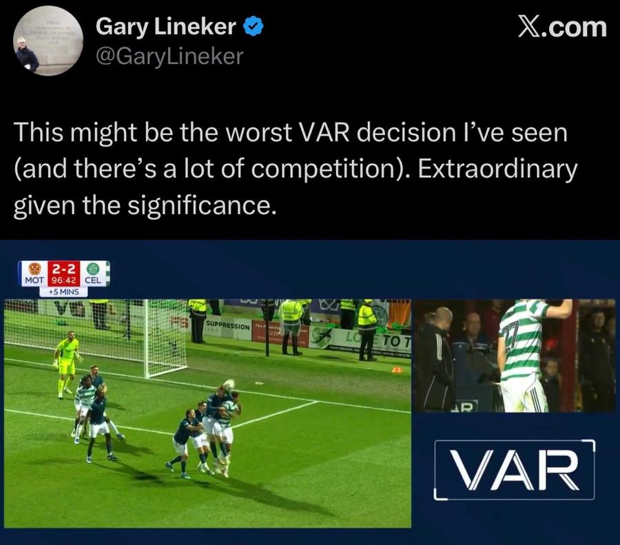 Mesajul postat de Gary Lineker / foto: X Un penalty controversat acordat în minutul 90 poate decide titlul » Gary Lineker: „Cea mai proastă decizie pe care am văzut-o vreodată”