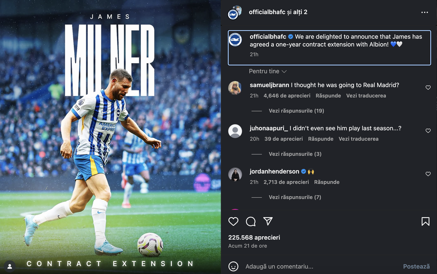 Anunțul oficial făcut de Brighton, pe pagina de Instagram a clubului Până la 40 de ani! Deși nu i se mai dădea vreo șansă, fostul fotbalist de la Liverpool și Manchester City a semnat un nou contract
