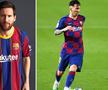 Lionel Messi, purtând tricoul Barcelonei din sezonul viitor (stânga) și actual (dreapta)