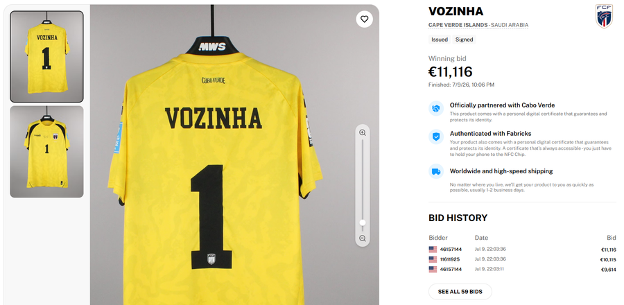 Tricoul lui Vozinha, la licitație // Captură foto: MatchWornShirt Tricoul lui Vozinha de la Mondialul 2026, vândut pentru o sumă record! A depășit echipamentele lui Alisson și Neuer