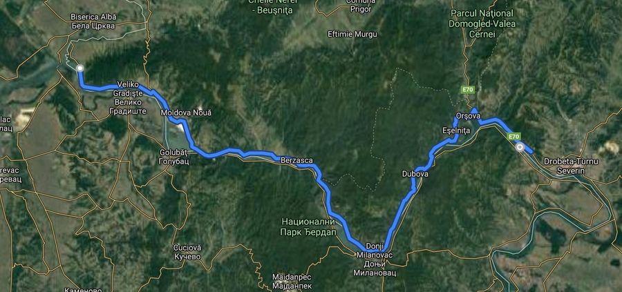 Harta traseului care a fost parcurs înot Mihai Badea a încheiat cu succes provocarea „Danube115” » A înotat pe Dunăre 32 de ore, fără oprire!