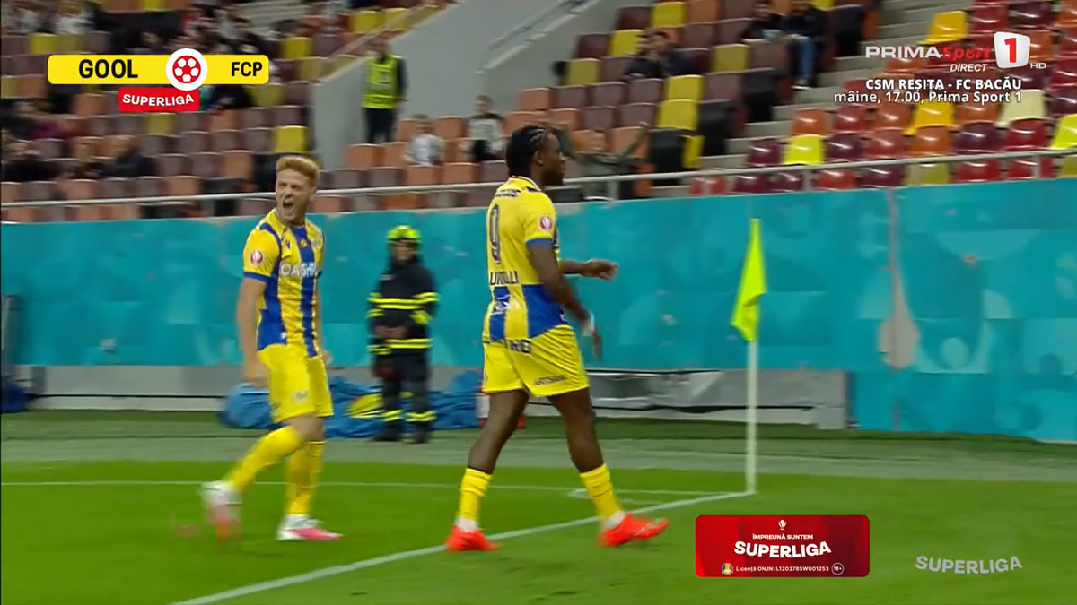 Golul lui Nlundulu în FCSB - Petrolul // foto: capturi Prima Sport