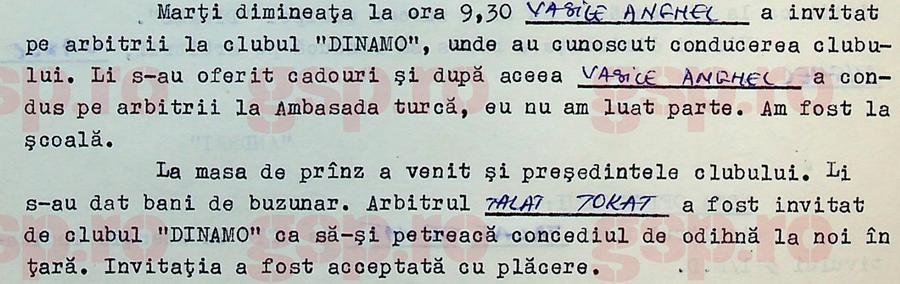 Pasajul din nota informativă din 20 septembrie 1981, în care apar referirile la cadouri și vacanță în România pentru arbitrul turc Talat Tokat, „centralul” meciului Dinamo - Levski Sofia. Foto: arhiva CNSAS Arhivele Securității: imagini rare și detalii explozive din culisele europene ale lui Dinamo - mese de lux, bani, fete și vacanțe pentru arbitri + „A apreciat-o pe informatoarea «Brândușa»”