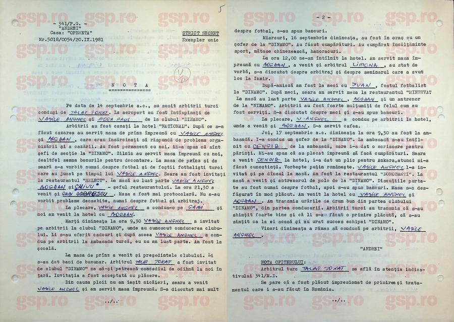Primele două pagini din nota furnizată Securității de sursa „Andrei” pe 20 septembrie 1981, după ce-și va fi încheiat misiunea pe lângă brigada de arbitri condusă de Talat Tokat la meciul Dinamo - Levski. Foto: arhiva CNSAS Arhivele Securității: imagini rare și detalii explozive din culisele europene ale lui Dinamo - mese de lux, bani, fete și vacanțe pentru arbitri + „A apreciat-o pe informatoarea «Brândușa»”