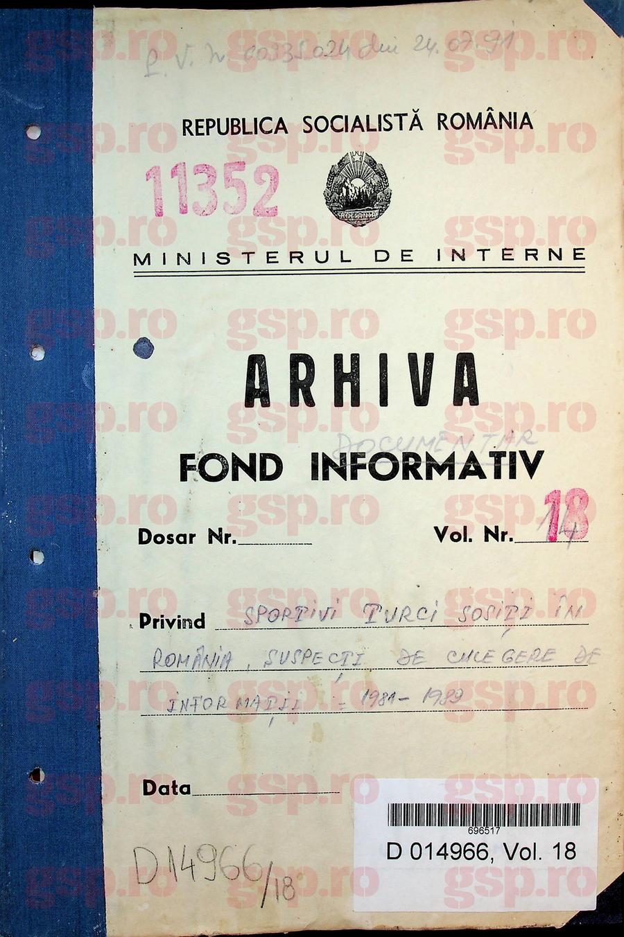 Aceasta este coperta dosarului D14966/vol.18 din arhiva CNSAS, care conține filele despre sejurul brigăzii turce de la Dinamo - Levski, 1981, în frunte cu „centralul” Talat Tokat. Foto: arhiva CNSAS Arhivele Securității: imagini rare și detalii explozive din culisele europene ale lui Dinamo - mese de lux, bani, fete și vacanțe pentru arbitri + „A apreciat-o pe informatoarea «Brândușa»”