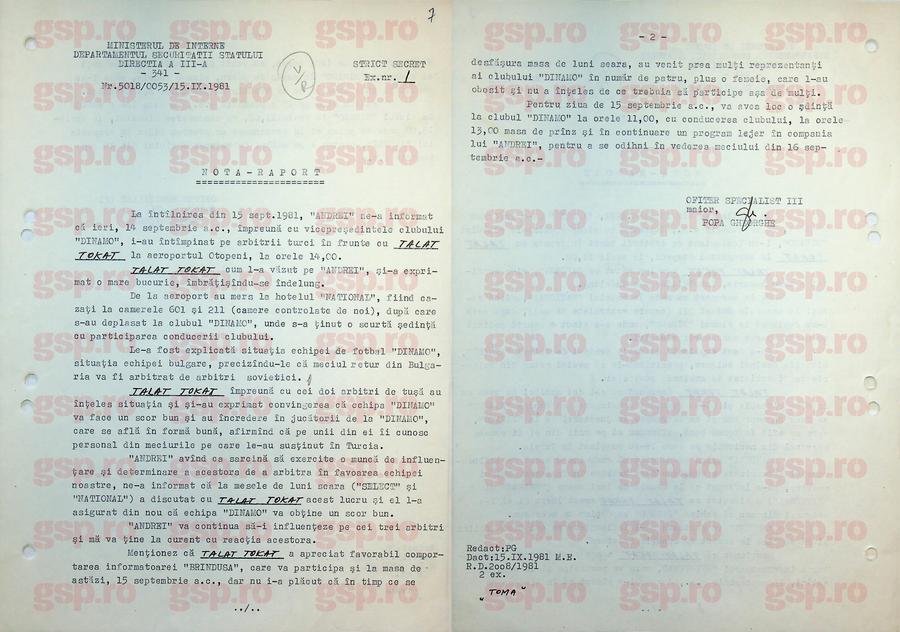 Nota-raport din 15 septembrie 1981, care face referire la prima zi petrecută la București de Talat Tokat și colegii săi: sursa „Andrei” livrase Securității informațiile relevante despre arbitrii de la Dinamo - Levski. Foto: arhiva CNSAS Arhivele Securității: imagini rare și detalii explozive din culisele europene ale lui Dinamo - mese de lux, bani, fete și vacanțe pentru arbitri + „A apreciat-o pe informatoarea «Brândușa»”