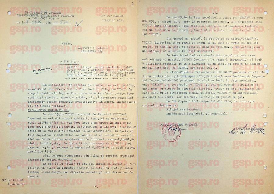 Acestea sunt cele două pagini cu nota de filaj a Securității asupra arbitrilor turci de la Dinamo - Levski, în frunte cu Talat Tokat: documentul e un rezumat pas cu pas al zilei de 17 septembrie 1981. Foto: arhiva CNSAS Arhivele Securității: imagini rare și detalii explozive din culisele europene ale lui Dinamo - mese de lux, bani, fete și vacanțe pentru arbitri + „A apreciat-o pe informatoarea «Brândușa»”