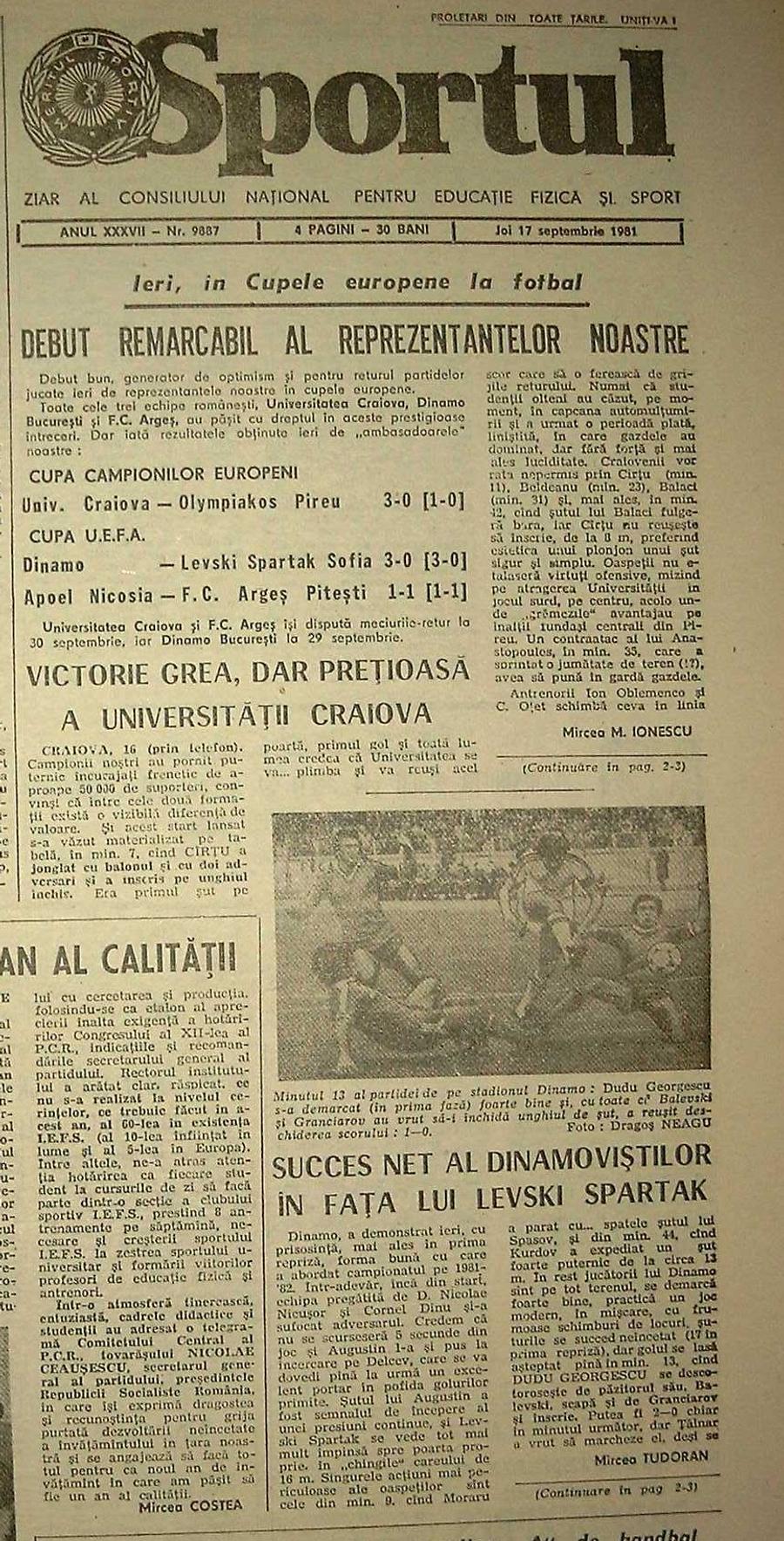 Cronica din ziarul „Sportul” evoca victoria confortabilă realizată de Dinamo în turul cu Levski Sofia. Foto: arhiva GSP Arhivele Securității: imagini rare și detalii explozive din culisele europene ale lui Dinamo - mese de lux, bani, fete și vacanțe pentru arbitri + „A apreciat-o pe informatoarea «Brândușa»”