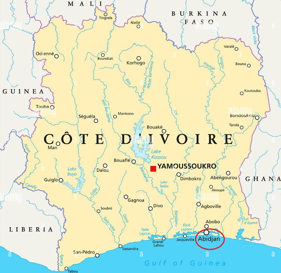 Abidjan, încercuit pe hartă, locul unde Daouda își desfășoară activitatea. E cel mai mare oraș din Côte d'Ivoire, cu o populație de peste 6 milioane de locuitori / Captură alamy.com Amintirile ivorianului Mariko Daouda, la 20 de ani de la sosirea în Liga 1 » Colegul care nu avea loc în pat + ce i-a plăcut și ce nu i-a plăcut în România: „Nu înseamnă că tot poporul vostru e așa”