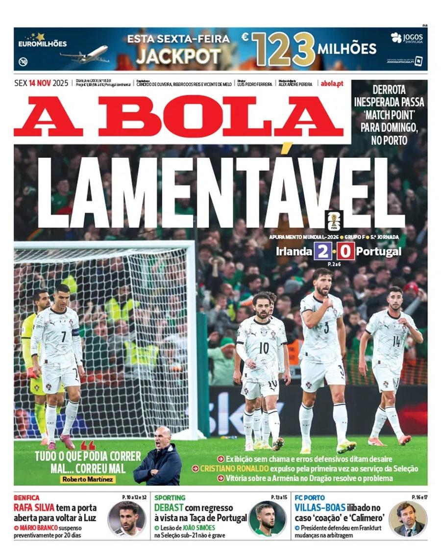 Cotidianul A Bola a dat de pământ cu Cristiano Ronaldo și cu Portugalia: „Lamentabil” Presa portugheză îl pune la zid pe Cristiano Ronaldo: „Încoronarea unui colaps colectiv”