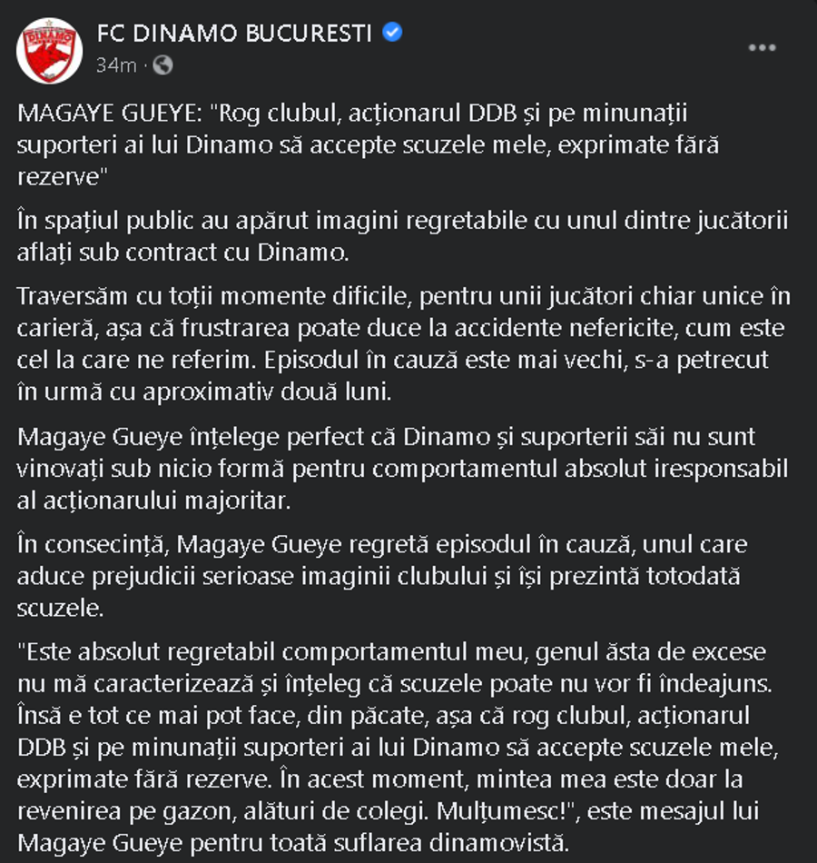 Dinamo, reacție surprinzătoare în scandalul cu Magaye Gueye » „Câinii” îl atacă pe Pablo Cortacero în comunicatul oficial