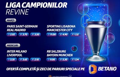 Spectacolul Ligii Campionilor se întoarce! Cote Mărite, BetCombo și zeci de speciale unice pe Betano