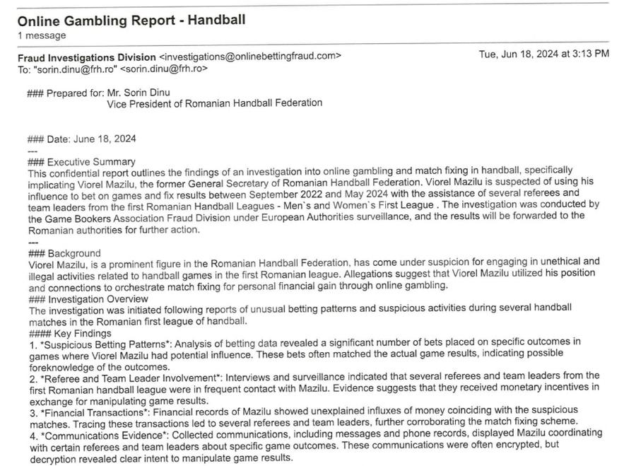 Pasaj din mail-ul suspect care a pus pe jar conducerea federației de handbal Fake sau scandal monstru în handbalul românesc? „Și-a folosit influența pentru a paria pe meciuri și a aranja rezultate!” + Raportul care a pus pe jar conducerea federației