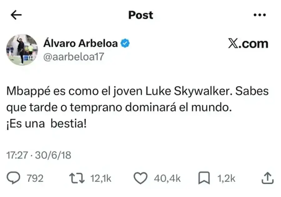 Alvaro Arbeloa, postare despre Kylian Mbappe în 2018 Ce posta Alvaro Arbeloa despre Kylian Mbappe în 2018 » Cu ce personaj îl compara