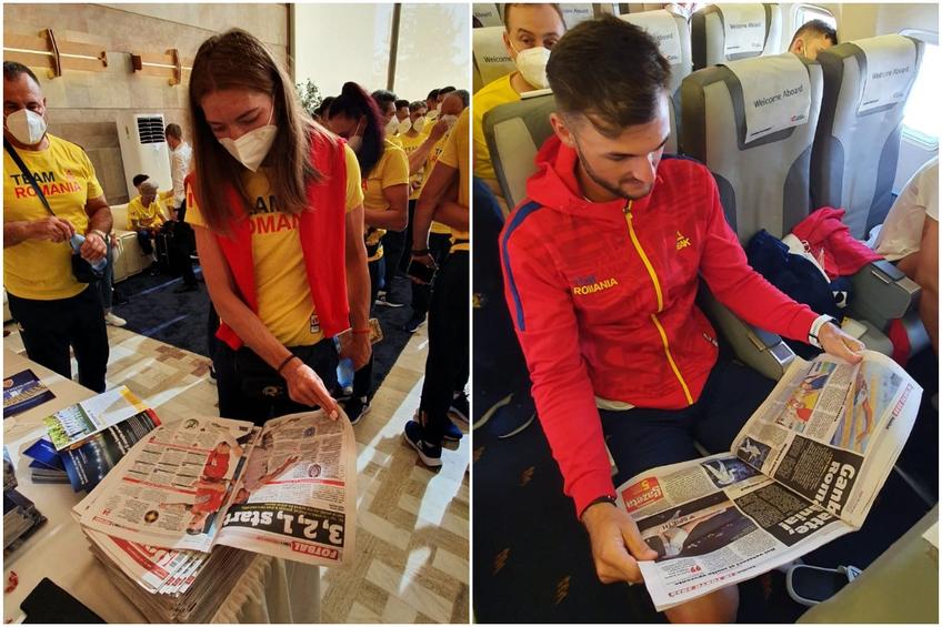 Membrii echipei olimpice, citind ediția de astăzi a ziarului Gazeta Sporturilor