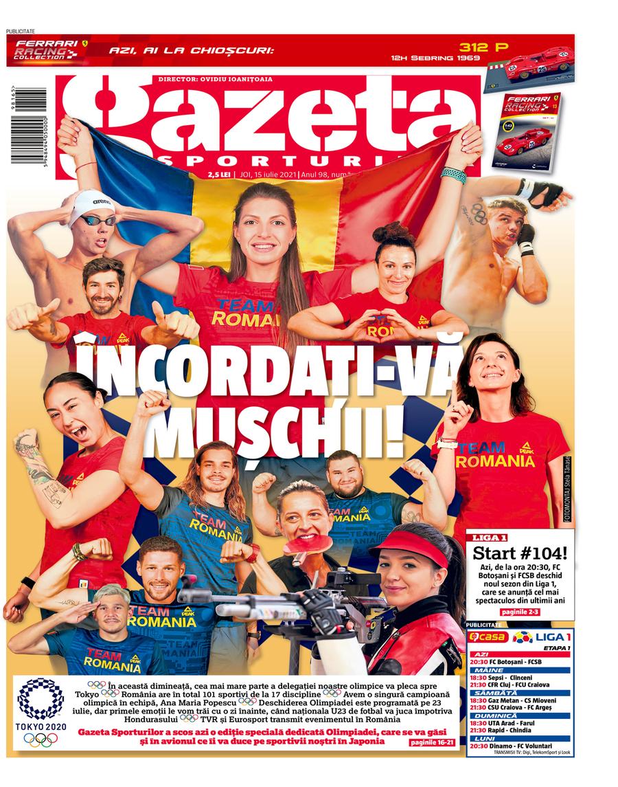 Așa arată coperta Gazetei Sporturilor de azi, 15 iulie 2021 Cu Gazeta Sporturilor spre Tokyo » Olimpicii României au răsfoit ediția specială dedicată lor de GSP în ziua zborului