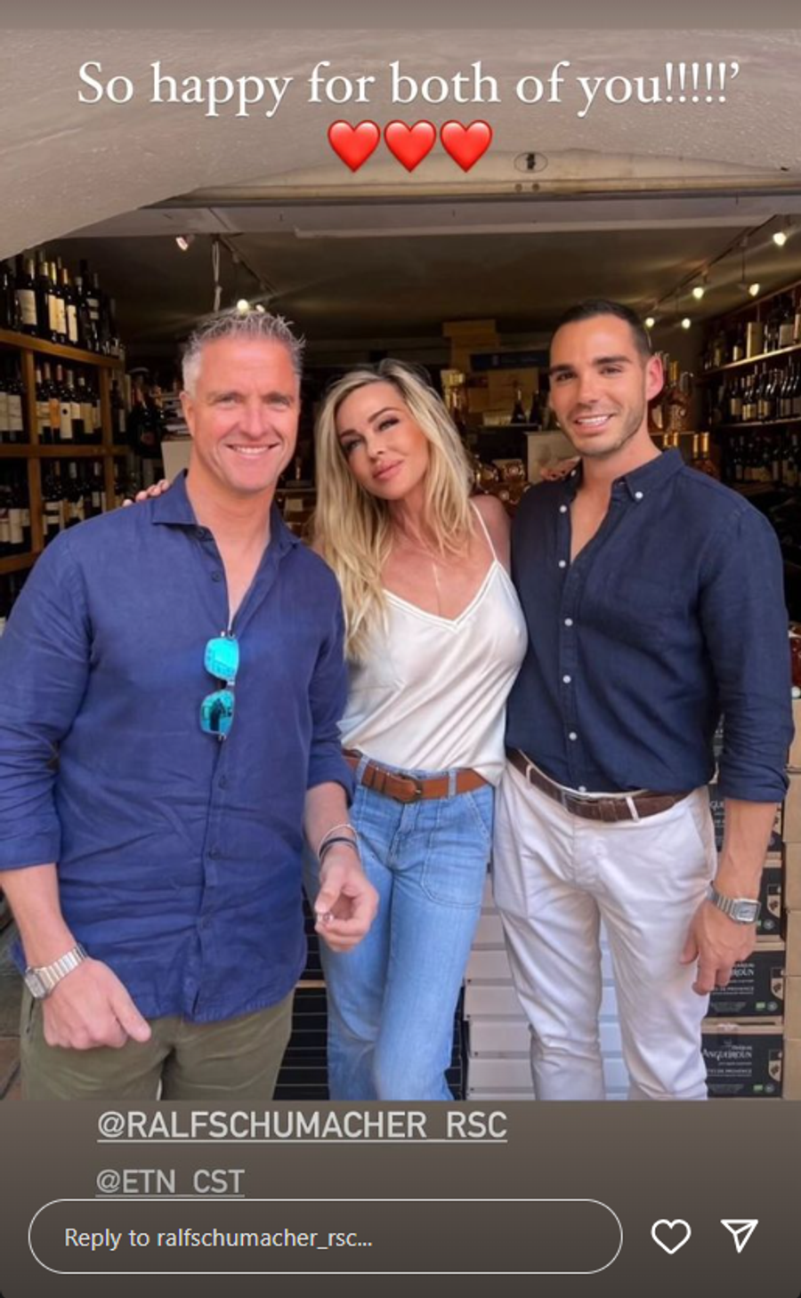 Ralf Schumacher (stânga), alături de fosta sa soție și de iubitul său / Foto: Instagram Al doilea pilot din istoria Formula 1 care vorbește deschis despre orientarea homosexuală: „Cel mai frumos lucru e când ai partenerul potrivit alături”