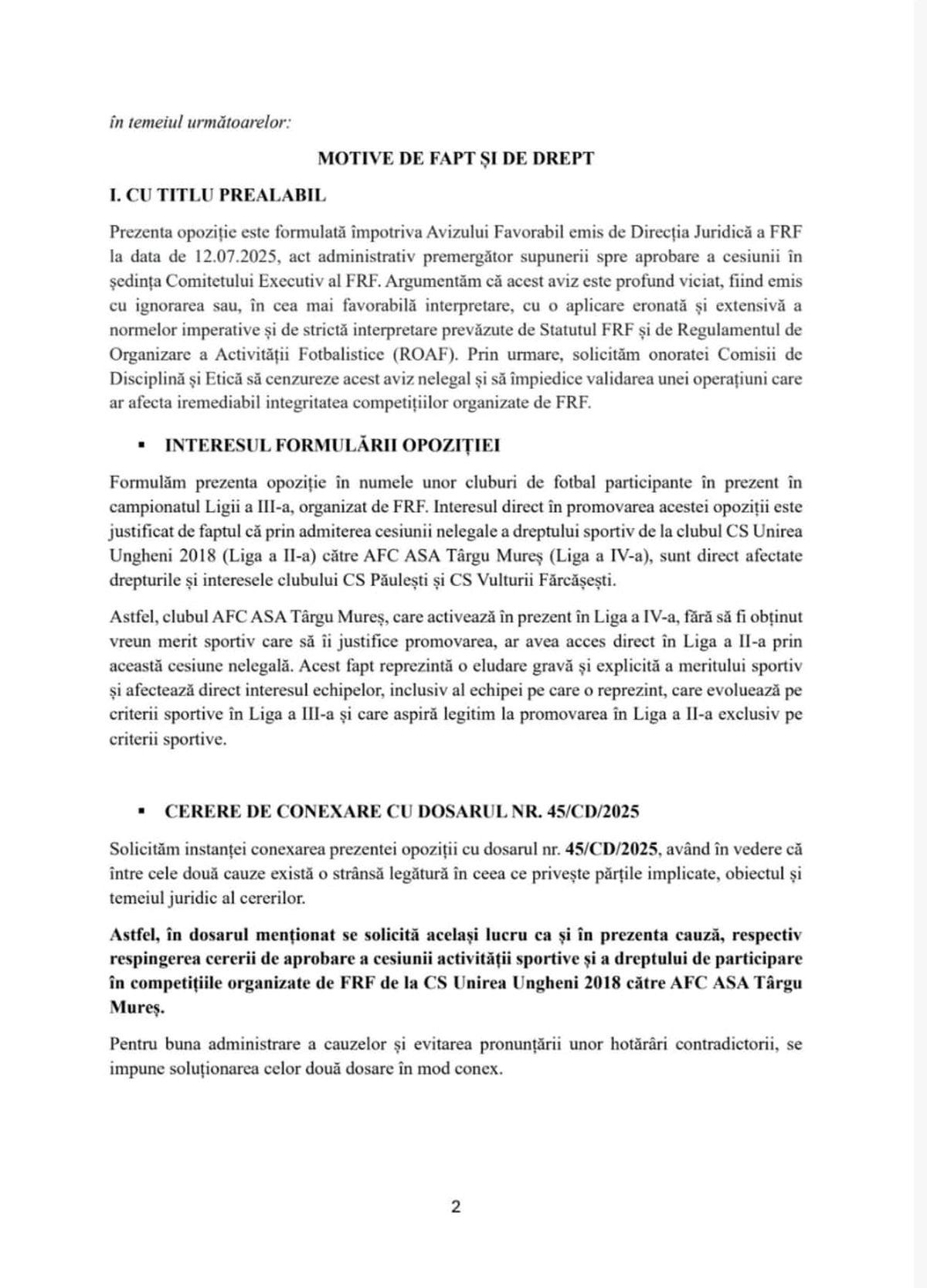 Contestația depusă de CS Păulești împotriva cesiunii dintre Unirea Ungheni și ASA Târgu Mureș