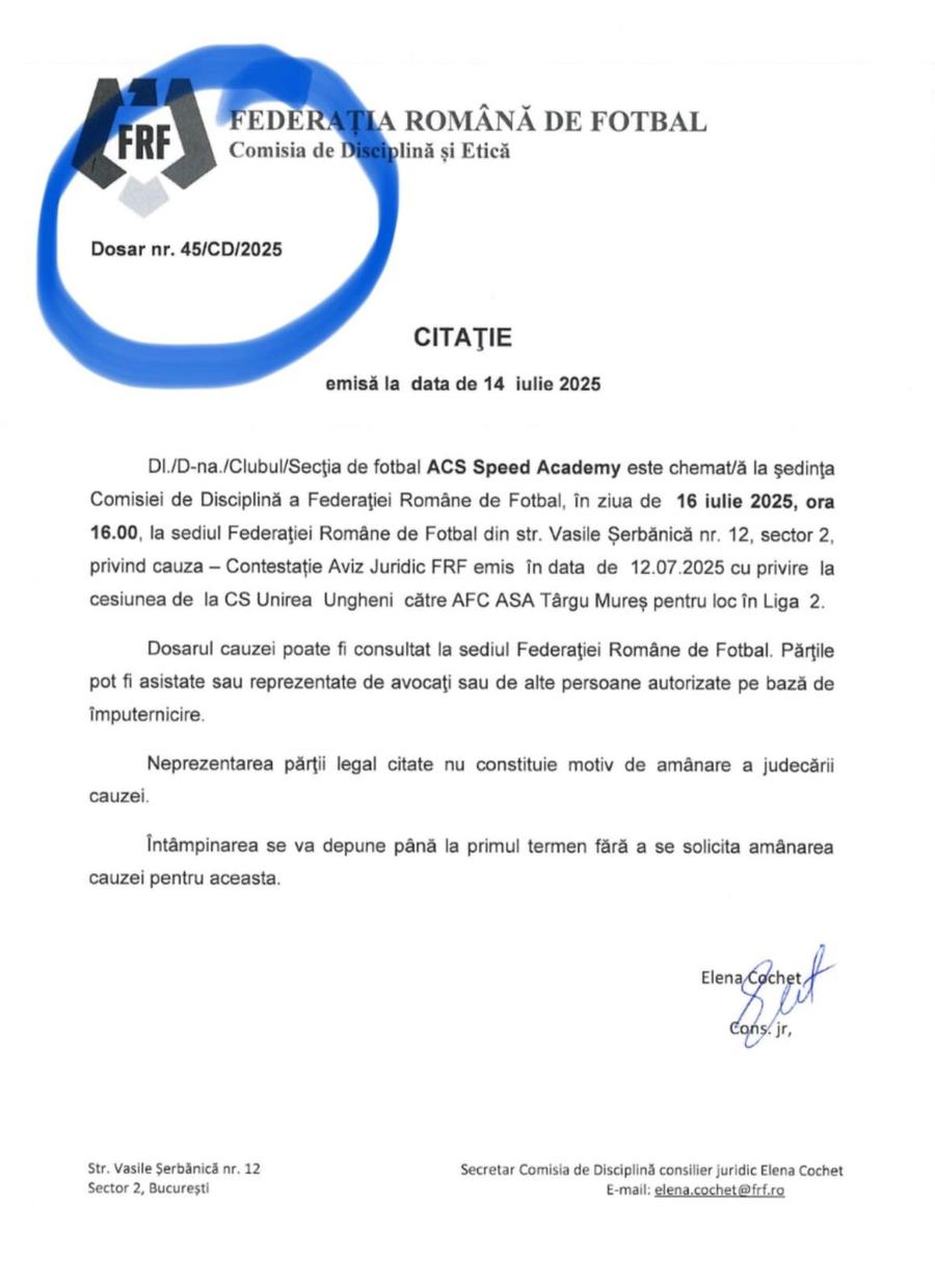 FRF a răspuns contestațiilor împotriva cesiunii „Unirea Ungheni - ASA Târgu Mureș”
