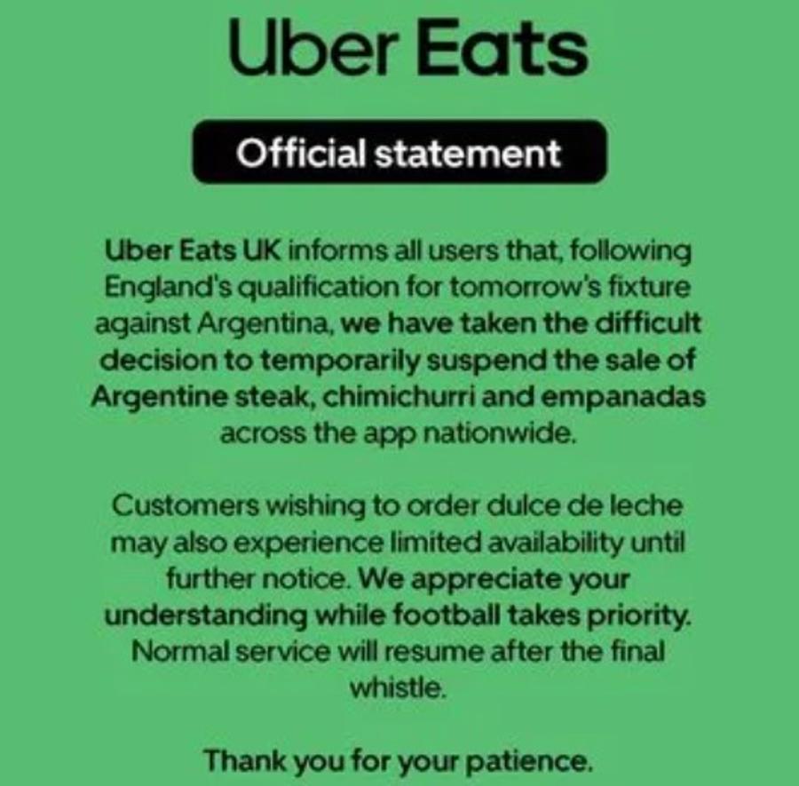 Mesajul distribuit consumatorilor de Uber Eats UK Rivalitatea cu argentinienii a atins deja cote absurde » Decizia luată de marile lanțuri de marketuri din Anglia