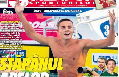 „Stăpânul apelor” » Ediție de colecție a Gazetei Sporturilor, după recordul istoric al lui David Popovici: 6 pagini despre megaperformanța românului