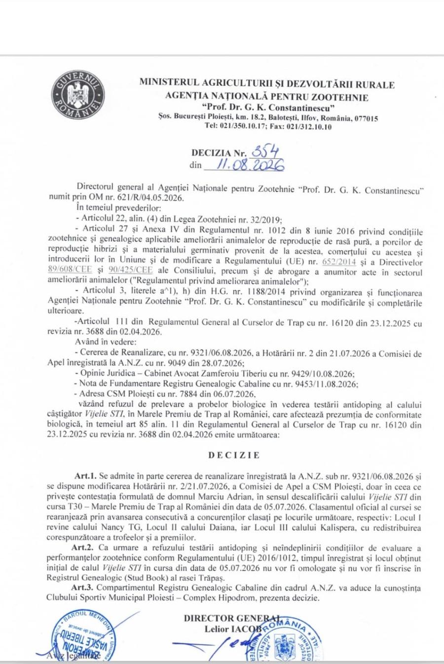 Aceasta e decizia Agenției Naționale de Zootehnie, care a decis descalificarea calului Vijelie STI, pitit de proprietari de controlul antidoping Intervenție în forță în scandalul calului ascuns de antidoping pe hipodrom: „Nu le dau nimic înapoi!” + Piruete incredibile la CSM Ploiești