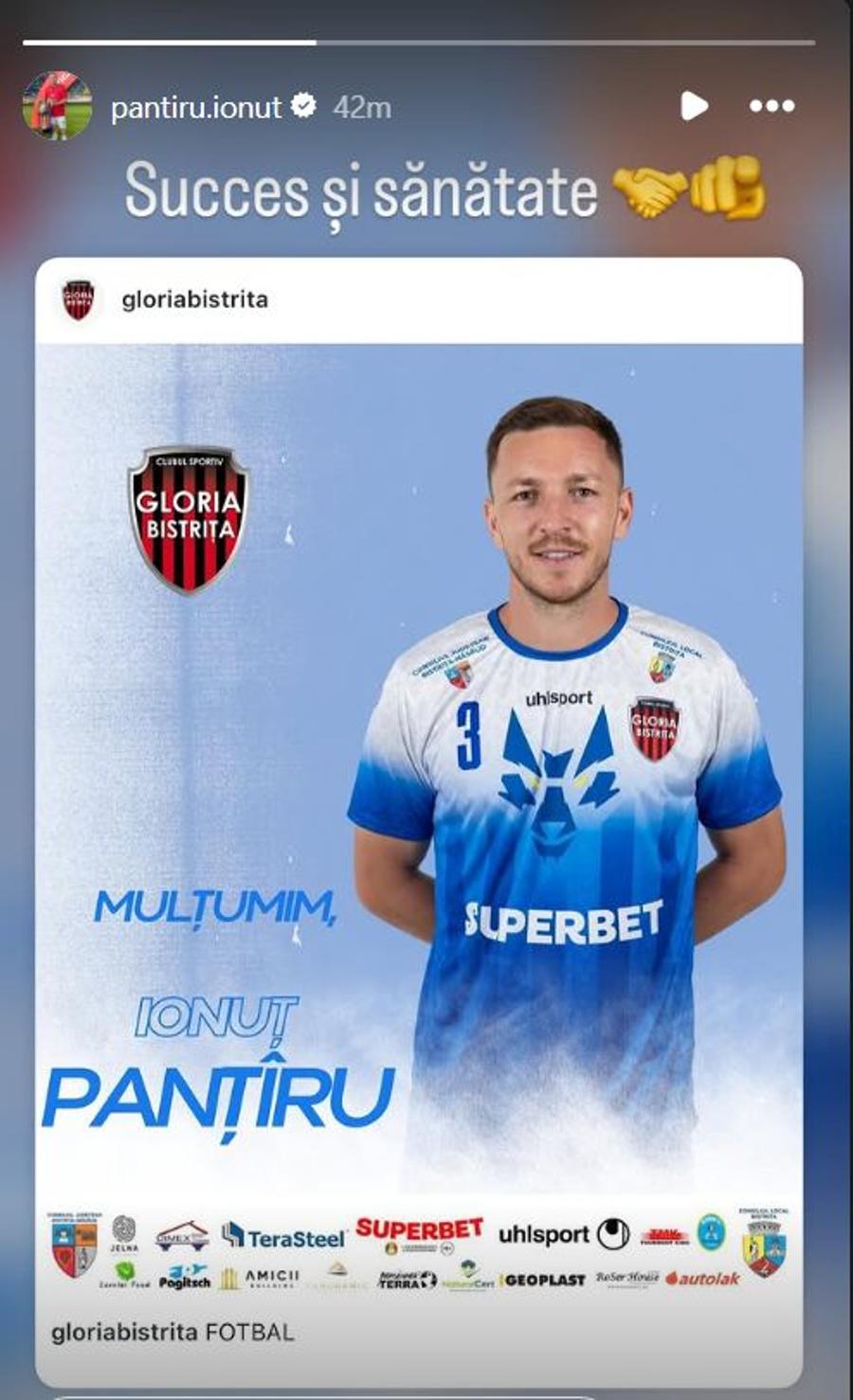 Mesajul ironic al lui Ionuț Panțîru, după despărțirea de Gloria Bistrița / Foto: Instagram Ionuț Panțîru Despărțire-șoc! Ionuț Panțîru a plecat de la Gloria Bistrița după doar 36 de minute jucate: „Succes și sănătate!”