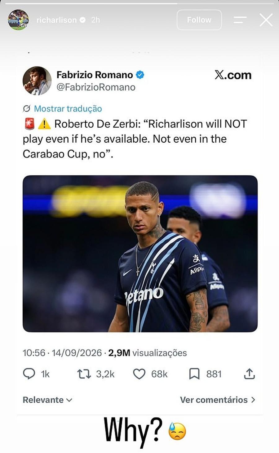 De Zerbi îl desființează pe Richarlison! » Brazilianul îi replică pe rețelele de socializare