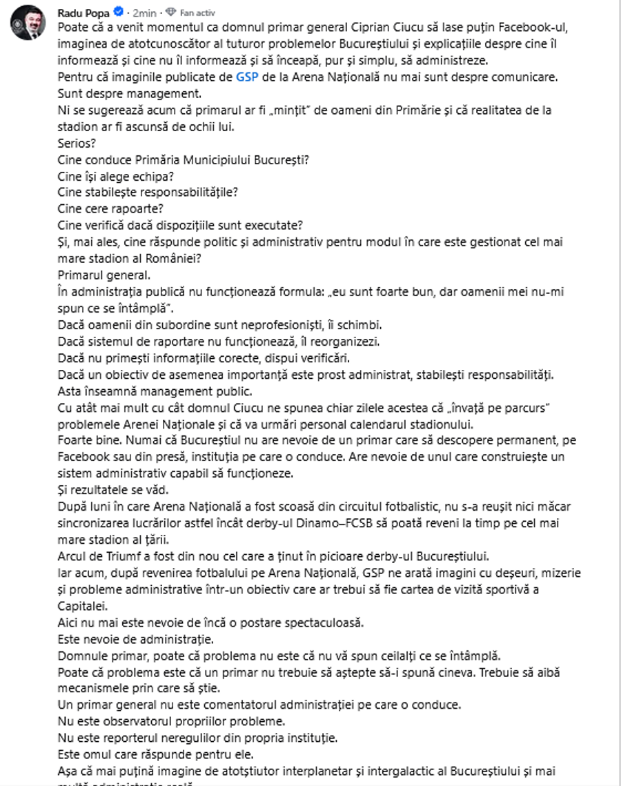 Mesajul lui Radu Popa, directorul general al Complexului Sportiv Național „Arcul de Triumf” „Arena Națională nu are nevoie de un influencer cu funcție de primar” » Atac la Ciprian Ciucu, după imaginile prezentate de GSP
