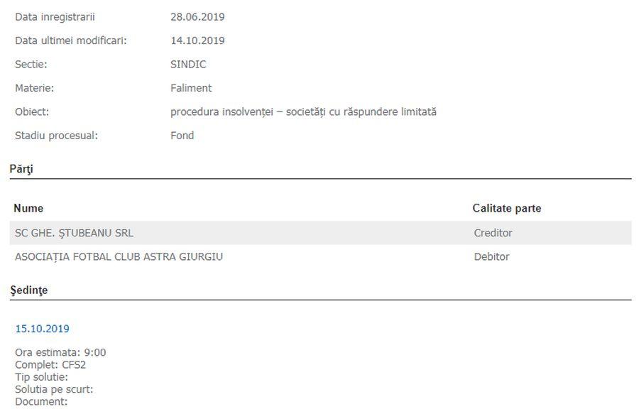 Captură de pe site-ul Tribunalului UPDATE A fost amânat termenul în cazul insolvenței Astrei!