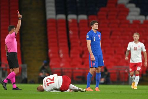 Harry Maguire a fost trimis la vestiare ultima dată în martie 2019, când era la Leicester  // foto: Guliver/gettyimages