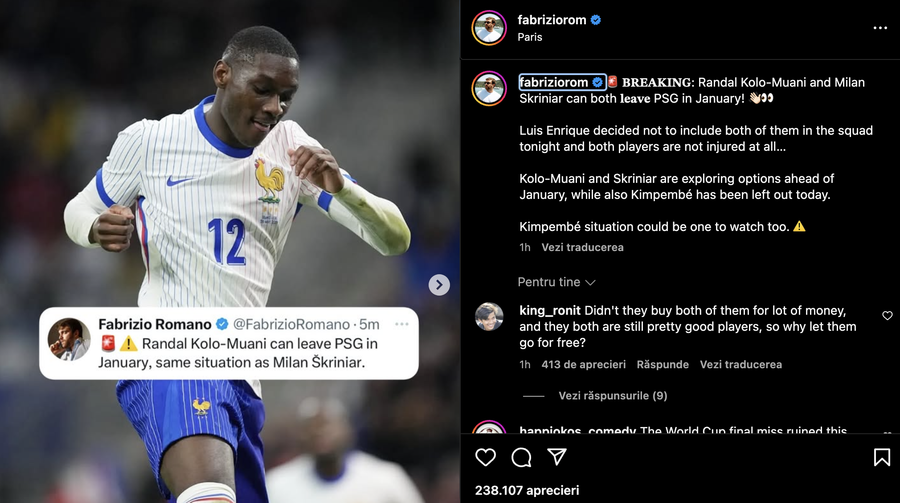 Postarea lui Fabrizio Romano pe Instagram PSG, „verde” pentru plecarea a doi jucători » Unul dintre aceștia l-a costat pe Nasser Al-Khelaifi aproape 100 de milioane de euro
