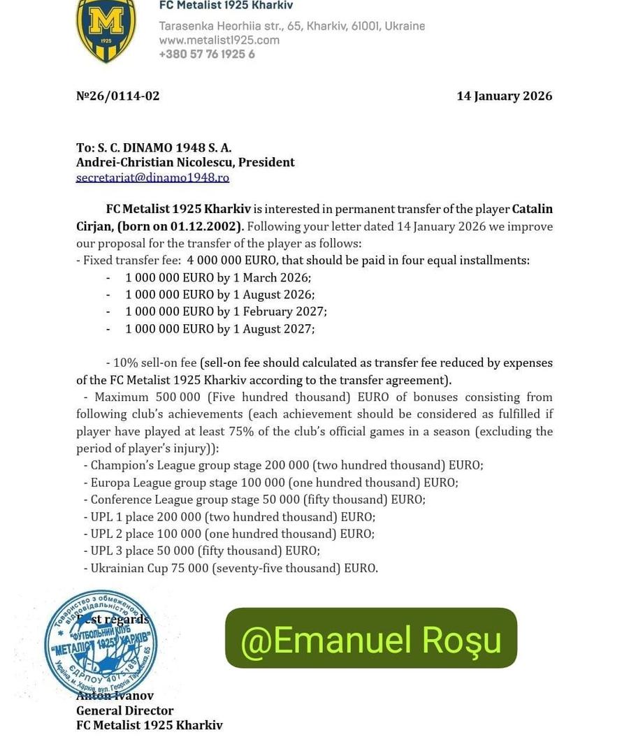Oferta venită pe adresa lui Dinamo / sursă foto: Emanuel Roșu Iată oferta oficială pentru Cîrjan, după ce Gigi Becali a contestat-o public: „Ne iei de proști!” » Toate clauzele din contract