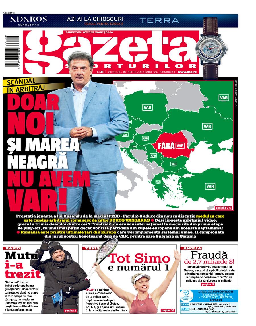 Așa arată prima pagină a ediției de azi a Gazetei Sporturilor Gazeta de azi publică o reprezentare grafică șocantă: „Doar România și Marea Neagră nu au VAR!”