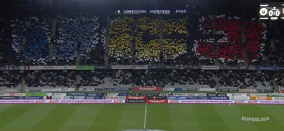 Scenografie în „tricolor” la derby-ul U Cluj - CFR! Atmosferă spectaculoasă pe Cluj Arena